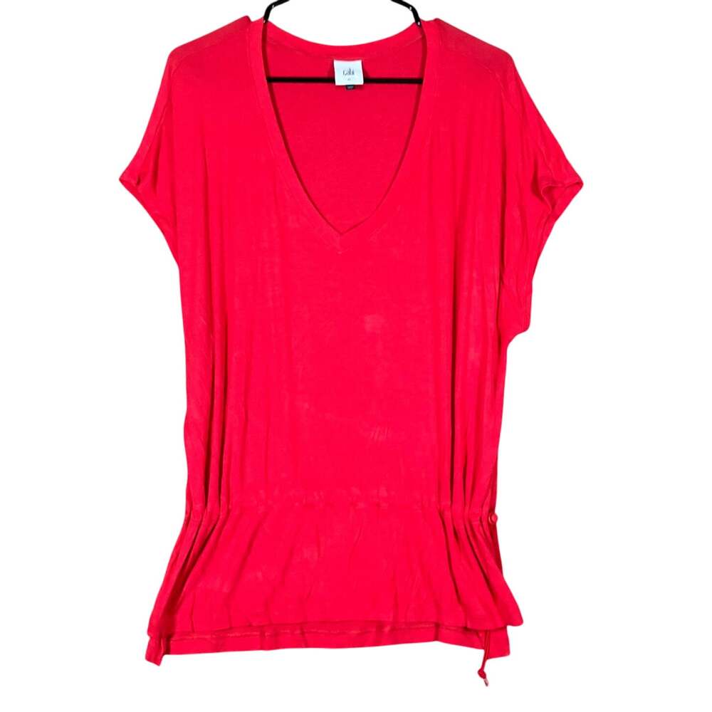 CAbi Womens Blouse Red Drop Waist Short Sleeve V Neck Stretch Medium